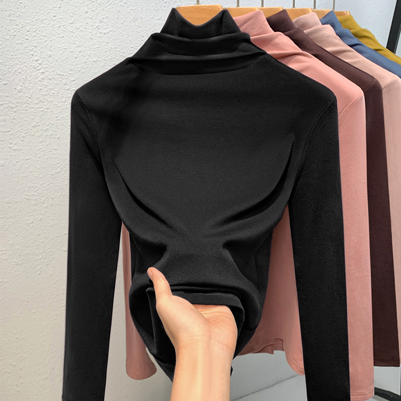 Camiseta de cuello alto para mujer, nuevo estilo 2024, ropa de mujer, color sólido, camiseta sencilla de manga larga con forro polar para mayor calidez, capa interior, top ajustado a la cintura