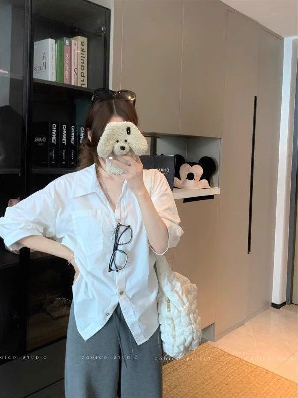老钱风高级感翻领中袖衬衫女装秋季褶皱收腰宽松百搭白色气质上衣|undefined