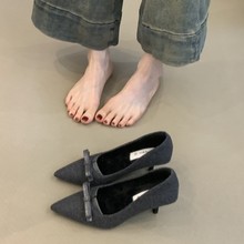 法式高级感蝴蝶结高跟鞋2025秋冬复古毛呢灰色加绒保暖细跟通勤鞋