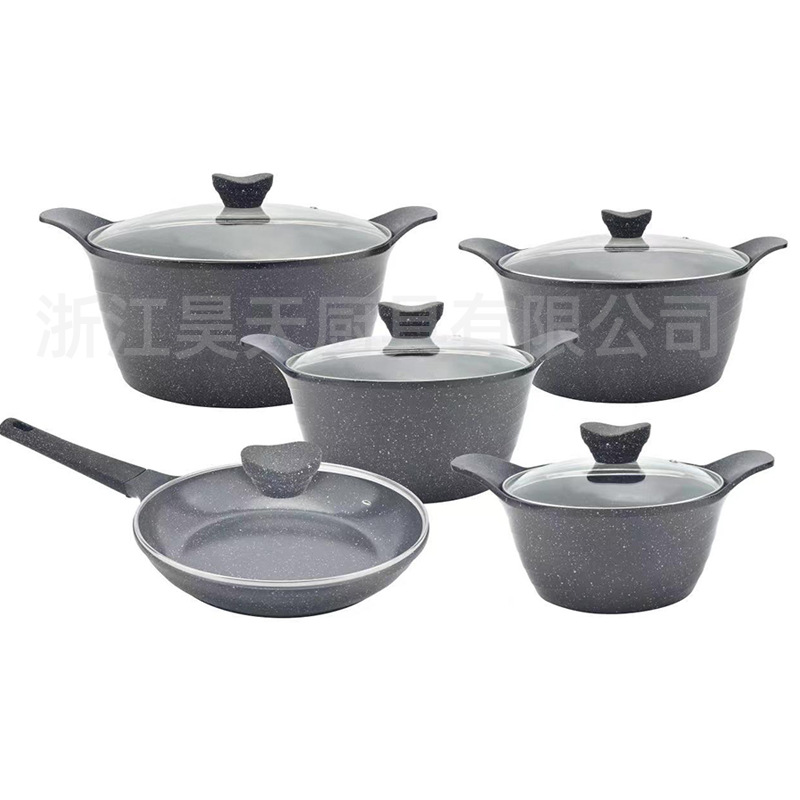 Juego de ollas de aluminio al por mayor transfronterizo, olla antiadherente de piedra médica, olla de sopa doméstica de diez piezas, olla de cocción al por mayor