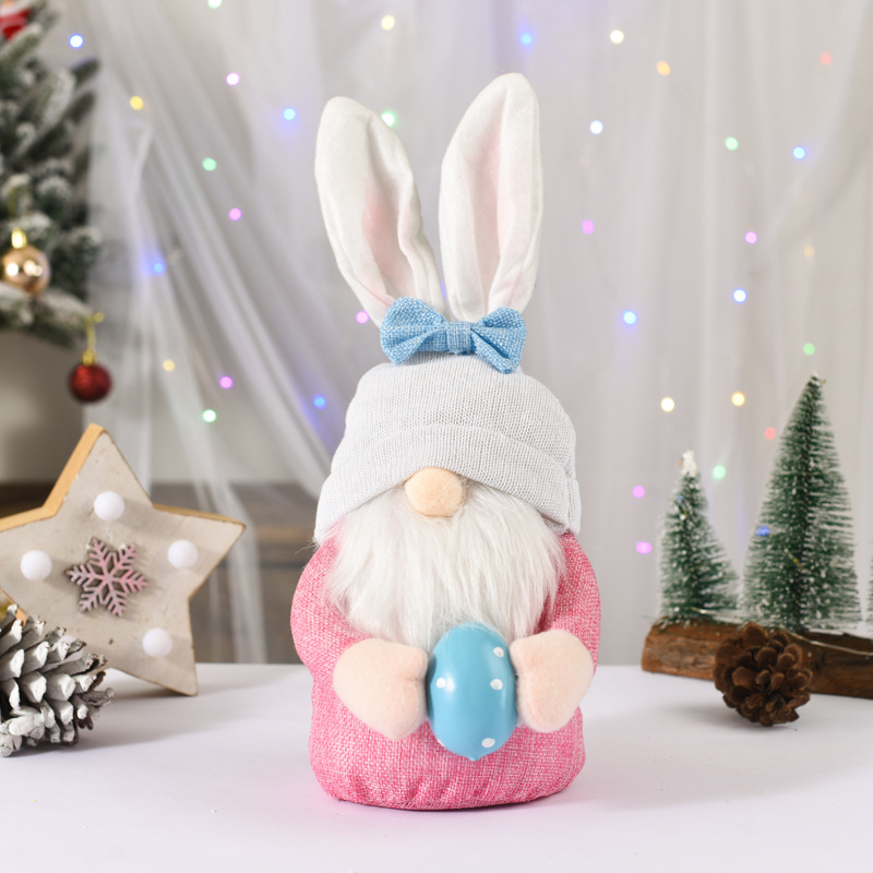 Pascua Rosa Orejas de conejo enano sin rostro muñeca vieja muñeca elfo huevo sosteniendo muñeca decoración suministros