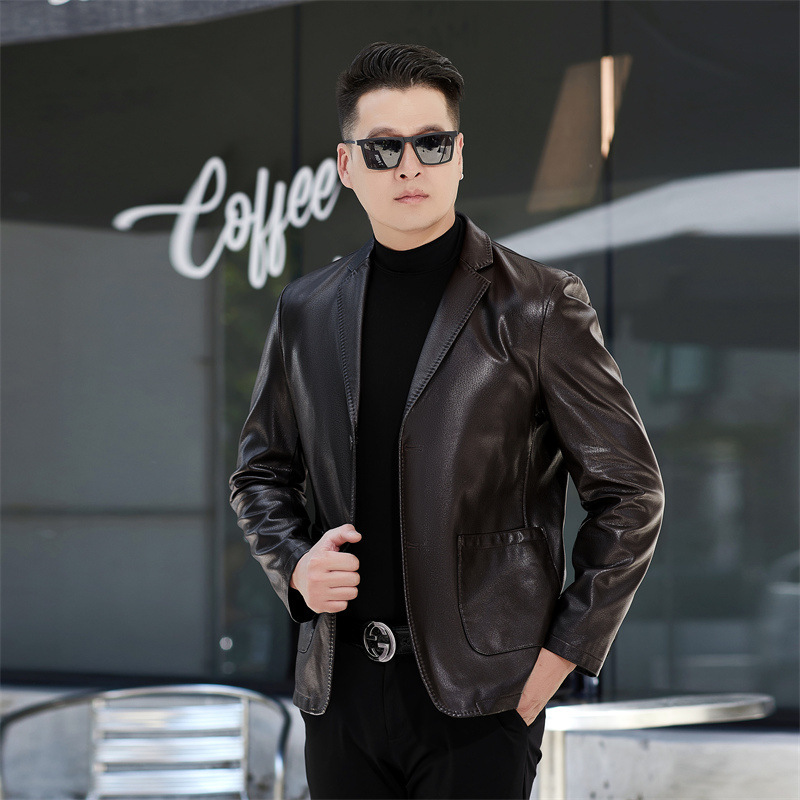 2024 New Top Sheepskin Genuine Leather Suit Collar Men's Leather Jacket Men's Slim Fit Leather Jacket Dad Clothes