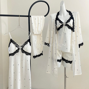 Sexy Suspender Nightgown for Women Summer with Breast Pads Ice Silk Women's Home Clothes Printed Suspender Pajamas Girly Home Clothes