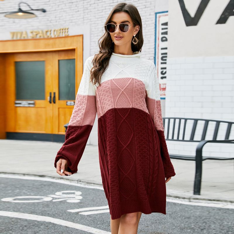Amazon popular Otoño e Invierno casual suelta cuello redondo suéter largo perezoso estilo contraste color manga larga suéter de punto vestido