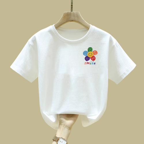 2417 100% Cotton Children's Short Sleeve T-Shirt for Girls Summer Outfit 2025 Base Shirt for Toddlers, Kids, and Teens Trendy and Stylish