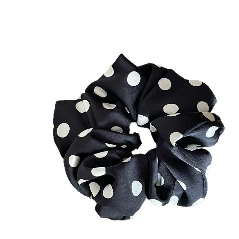 Elegant Black And White Polka Dot Satin Scrunchie For Hair_voghion.com