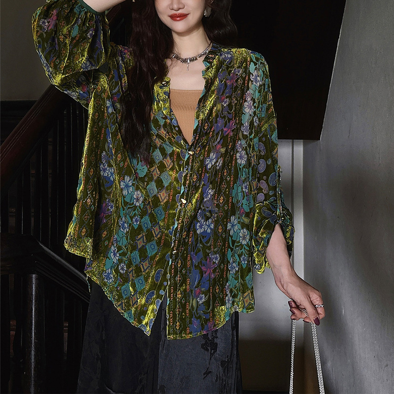 [Flower Window Shadow] New Chinese-Style Velvet Shirt for Women, National Style Women's Top, 2025 Autumn New Trendy Loose Jacket