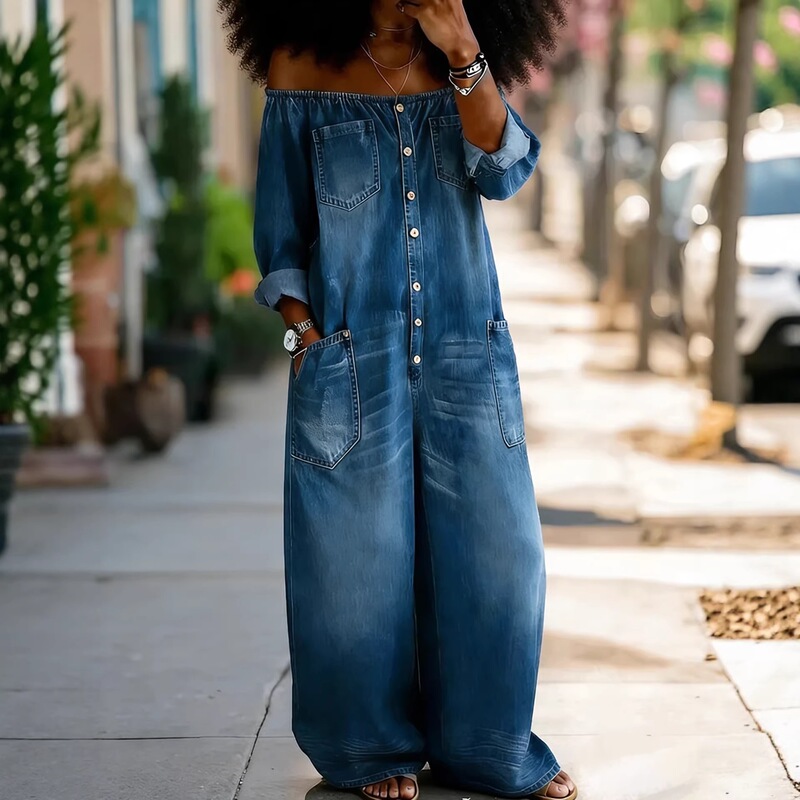 2026 Spring Collection Amazon New Women's Fashion European and American Style Spring and Autumn Sexy Single-Breasted Off-Shoulder Denim Jumpsuit 2026 Spring Collection Amazon New Women's Fashion European and American Style Spring and Autumn Sexy Single-Breasted Off-Shoulder Denim Jumpsuit