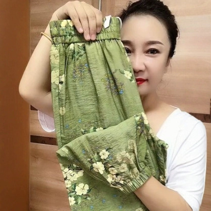 反季清仓女装薄款中年太太花色女士冰丝裤宽松束脚高腰九分休闲裤