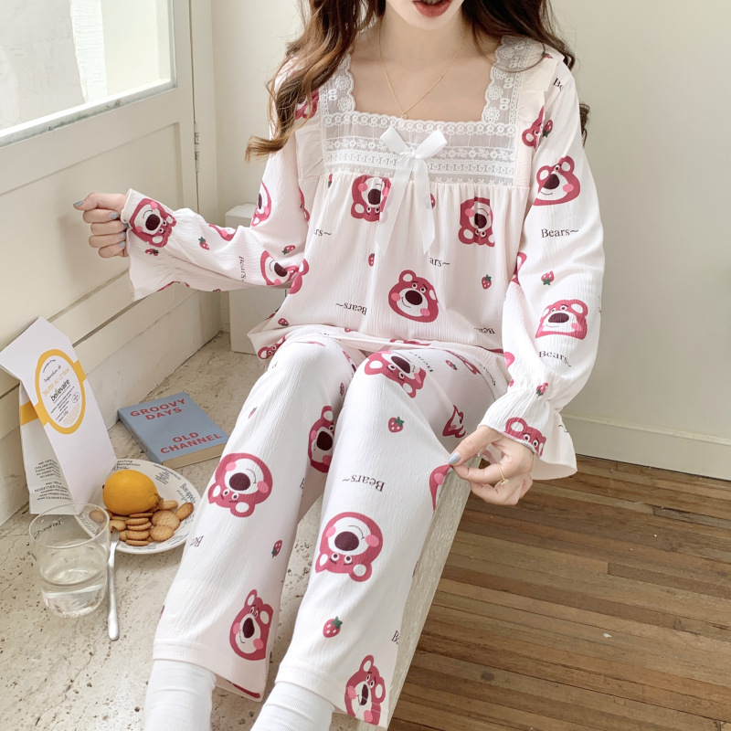 Oso de fresa primavera y otoño pijamas de algodón de manga larga pantalones de estilo de princesa dulce de las mujeres más el tamaño casual ropa para el hogar