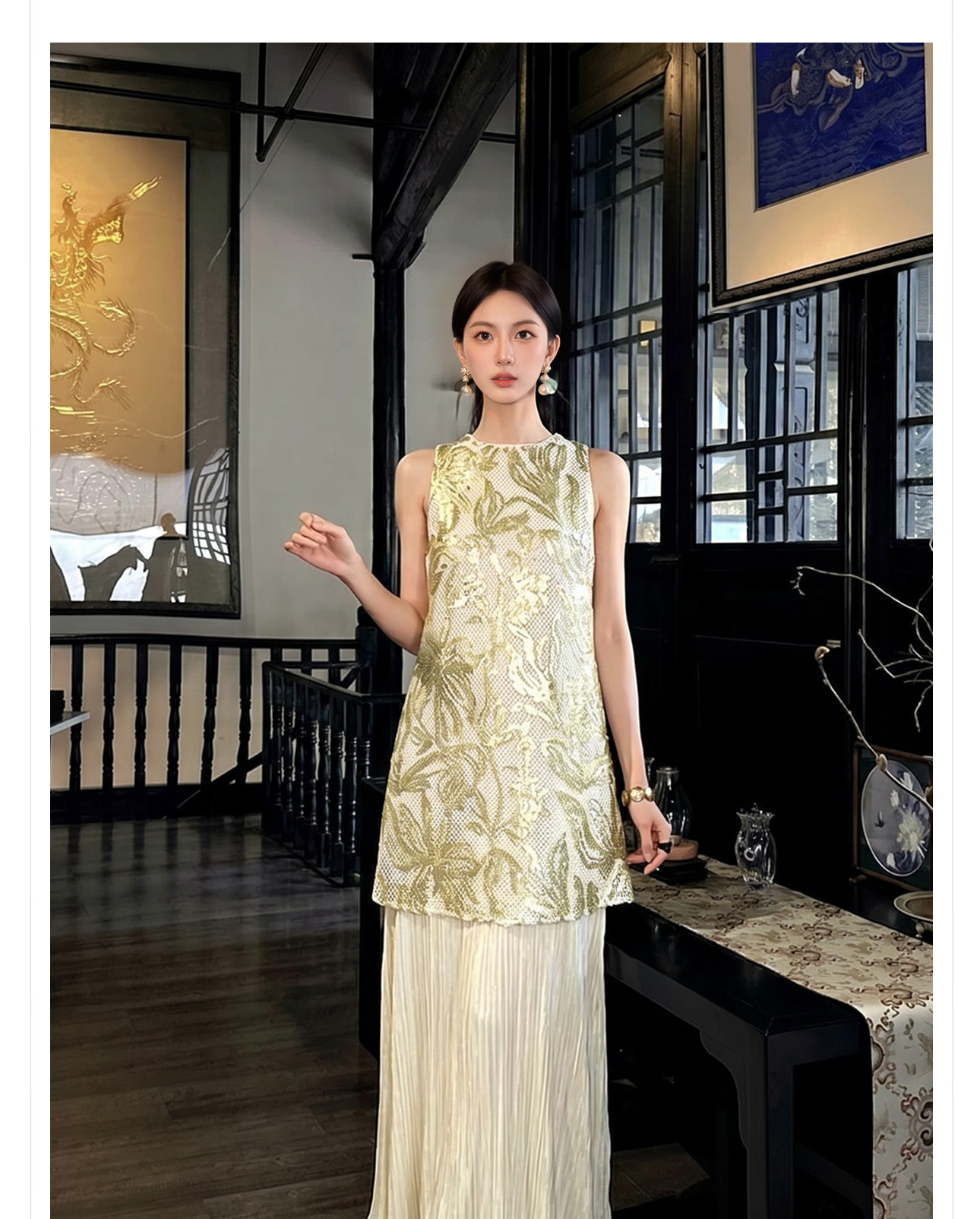 Đầm maxi nữ thắt eo phong cách Tân Trung Hoa họa tiết thêu nổi — Trà cà phê chi tiết 19