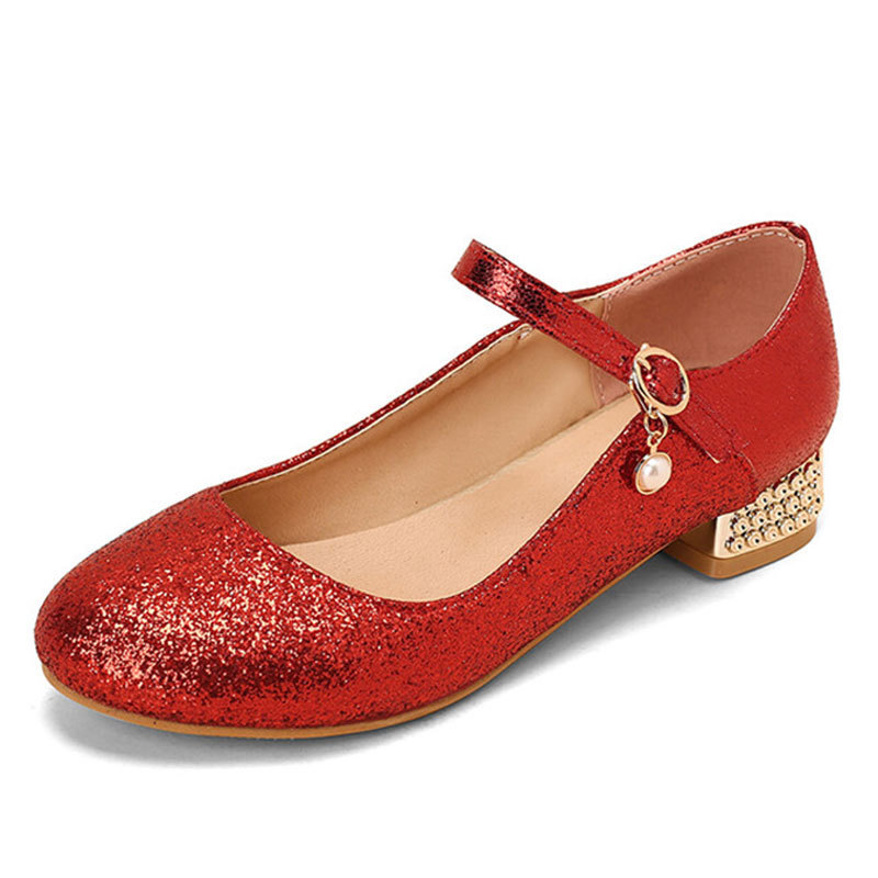 11-year-old children's high heels eight-year-old girl catwalk piano watch performance host Girl's leather shoes gold and silver student