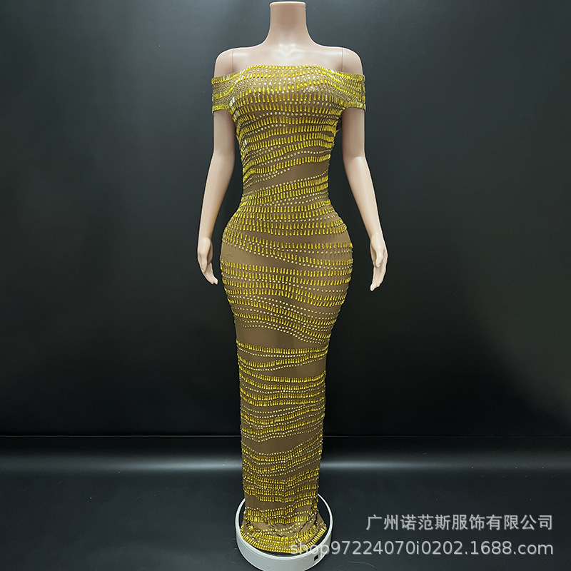 Luxurious Gold and Diamond-Embellished Off-The-Shoulder Dress, Annual Meeting Host Gown, Cocktail Party Performance Outfit, Niche Style