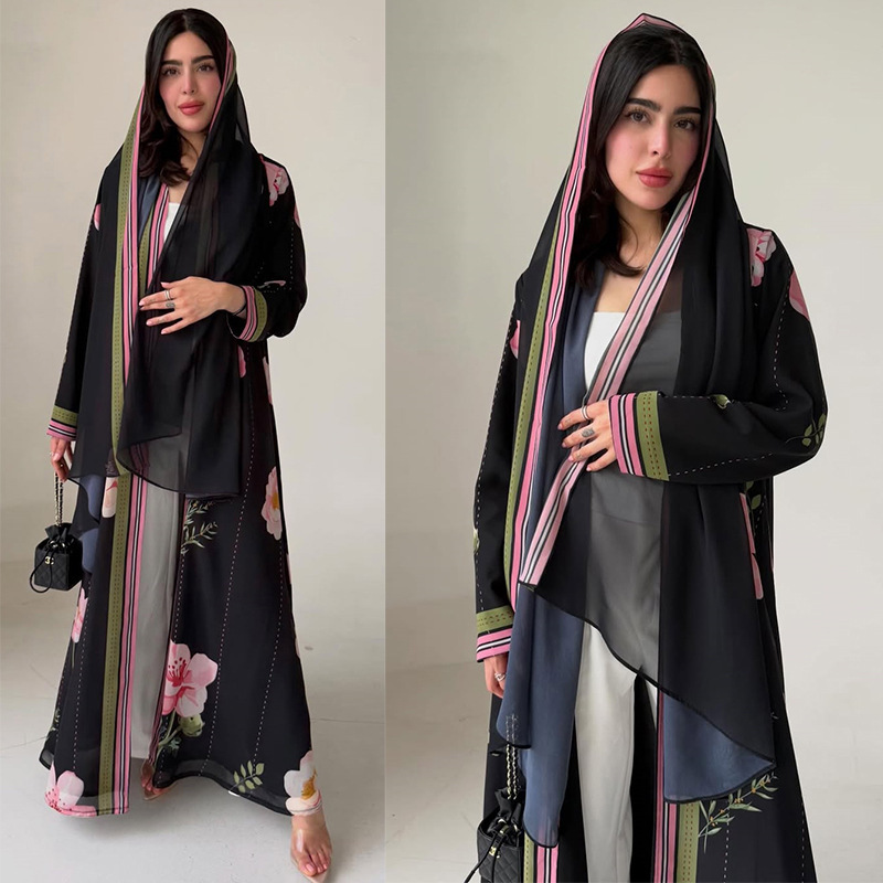 Mq288 Modest Cross-Border E-Commerce Hot-Selling Chiffon Printed Long-Sleeve Fashion Ethnic Style Jacket with Headscarf Mq288 Modest Cross-Border E-Commerce Hot-Selling Chiffon Printed Long-Sleeve Fashion Ethnic Style Jacket with Headscarf