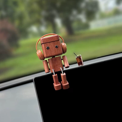 Car ornaments – with shaking legs - rocking-leg-wooden-figurine-brown-headphones-americano-coffee