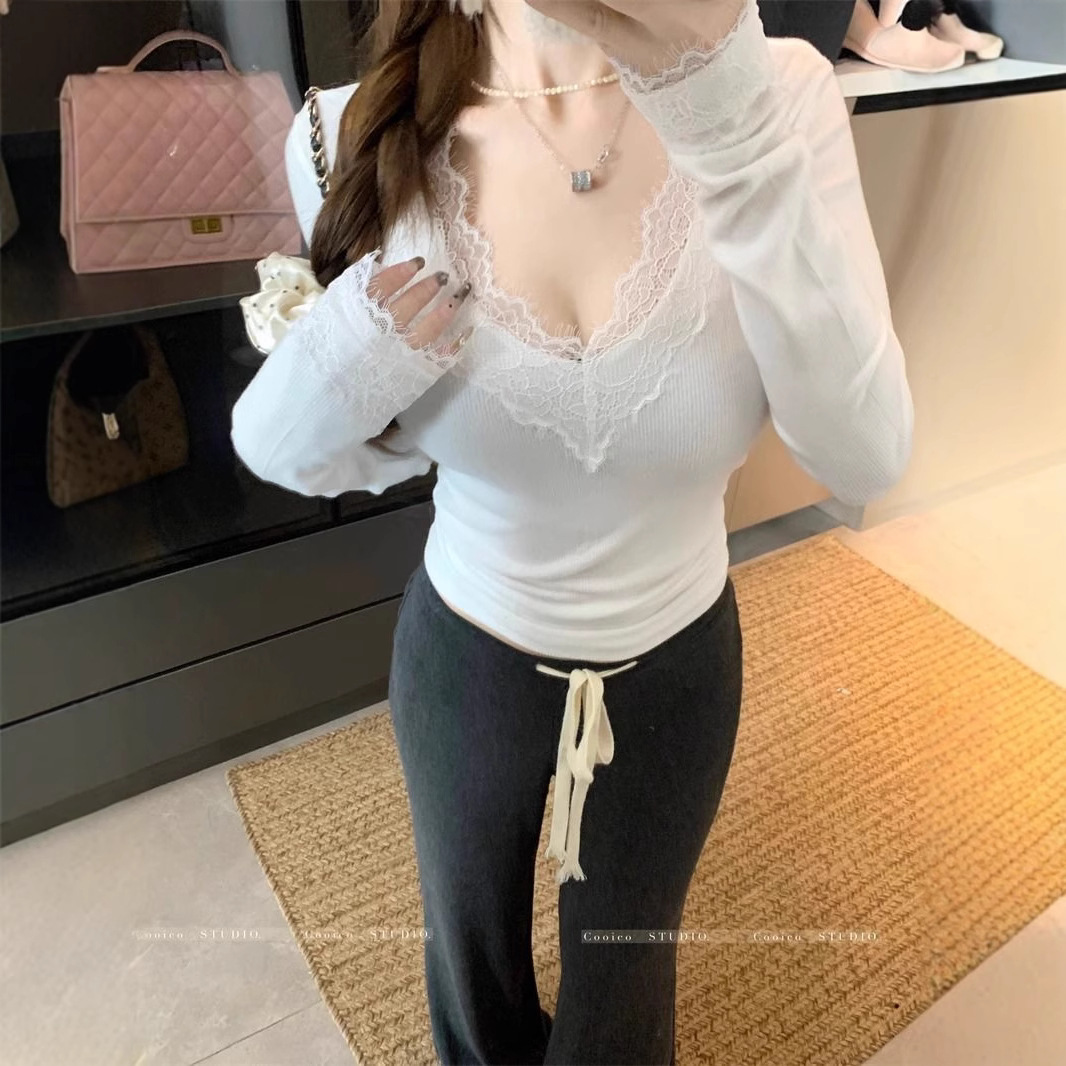 【工厂直销】纯欲白色v领磨毛打底衫女秋冬蕾丝内搭短款绝美上衣