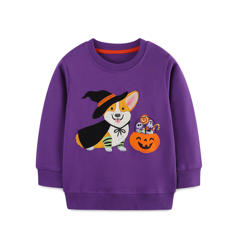 26 nuevos estilos de sudaderas para niñas, estilo europeo y americano, con parches de dibujos animados de Halloween, suéteres de manga larga para niños, venta al por mayor de una sola pieza.