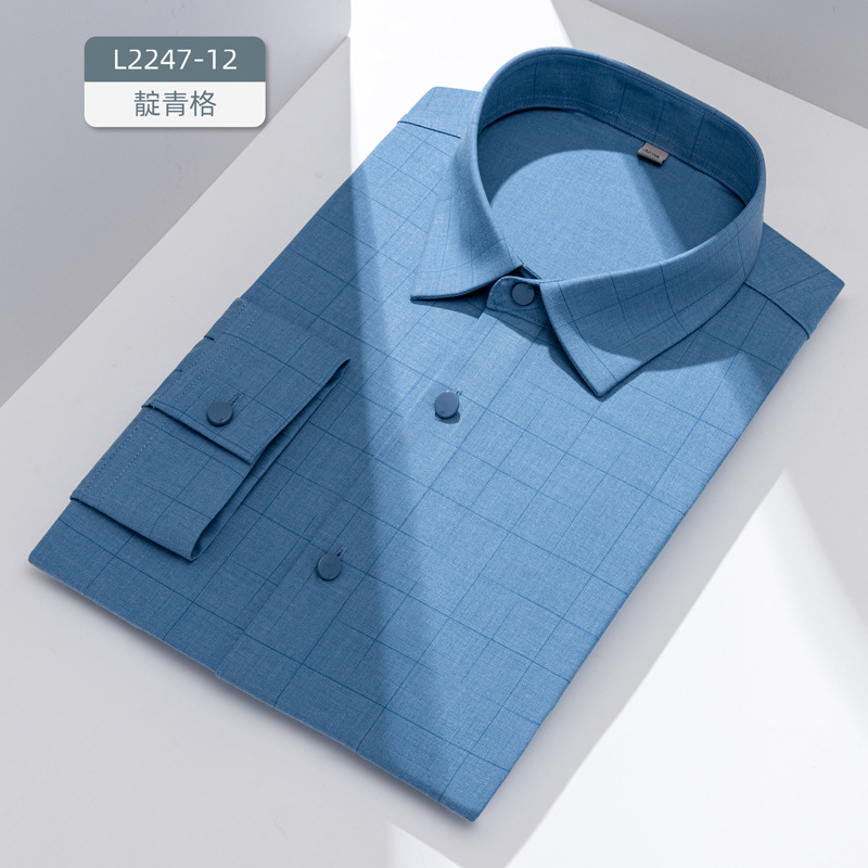 Procesamiento personalizado sin marca camisa de prensado hombre manga larga rayas de color sólido cuadrícula libre de quemar ocio de negocios lujo ligero ropa de hombre