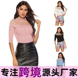 欧美春夏新款wish亚马逊独立站跨境爆款修身透视拼接针织上衣女