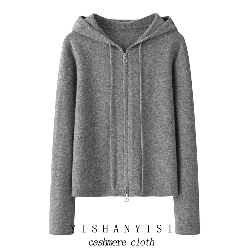 Autumn and Winter Outfit Fashion Casual Slimming All-match Hooded Double Zipper Knitted Sweater Jacket 100 Pure Mountain Cashmere Sweater