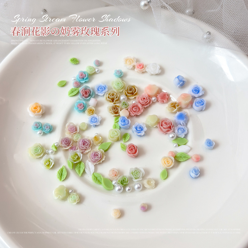 Spring Rose Nail Art Accessories Mixed with Milk Mist Gradient Camellia Pearls DIY Leaf Flower Nail Decorations