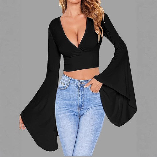 T Western-style fashionable women's V-neck long-sleeved trumpet sleeve body-fitting shirt T-shirt