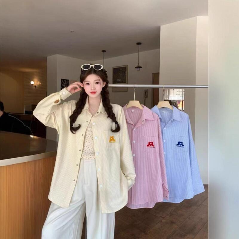 Cute Retro Vintage Striped Shirt Women 2025 New Puppy Embroidery Spring Autumn Outerwear Loose College Style Top