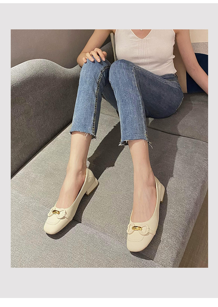 Zapatos de tacón alto de una pieza de cuero genuino para mujer, boca poco profunda, punta cuadrada, tacón grueso, zapatos individuales retro franceses, charol, metal, otoño_voghion.com