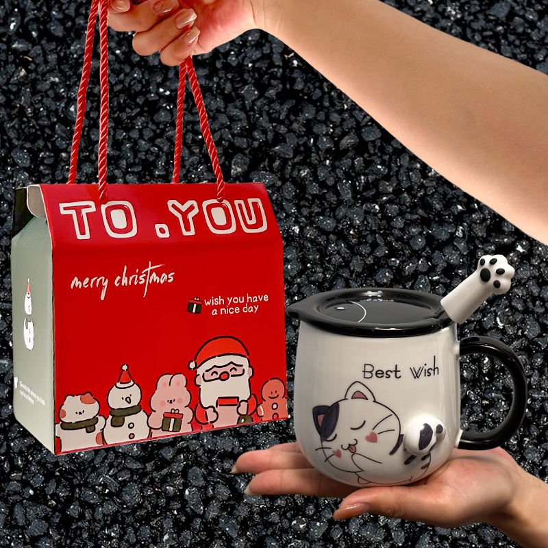 Taza de gato Mark con tapa Cuchara Taza de agua de cerámica Taza de pareja de dibujos animados de cerámica para hombres y mujeres Taza de desayuno de café de oficina