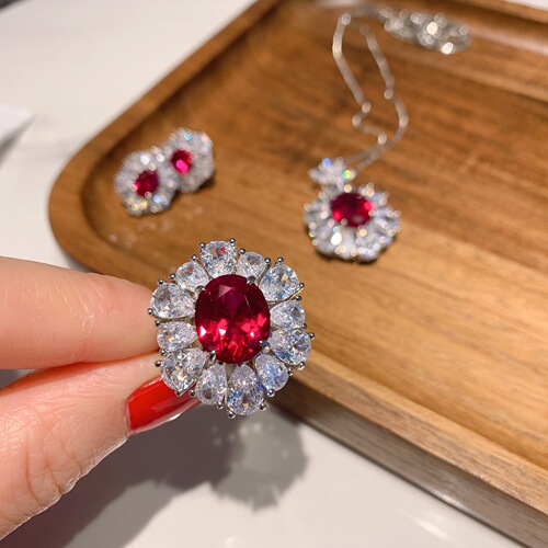 Zhuang Sheng Sheng Jewelry Fashion Jewelry Set Simulated Blood Red Pearl Pendant 10*12 Earrings and Ring 6*8 Three-Piece Set