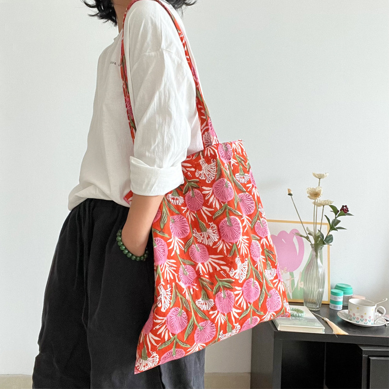 Spring New Style Indian Traditional Printed Pomegranate Pink Cotton Shoulder Bag Eco-Friendly Bag Simple Canvas Bag Thin Women's Bag