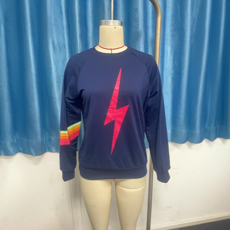 2025 European and American New Style Lightning Print Round Neck Sweatshirt with Rainbow Cuffs, Loose Casual Versatile Long-Sleeve Pullover