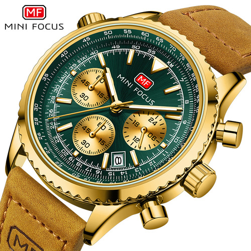 MINI FOCUS Watch Casual Men's Multi-functional Quartz Watch Aviation Timer Men's Watch Genuine Leather Strap 0463G