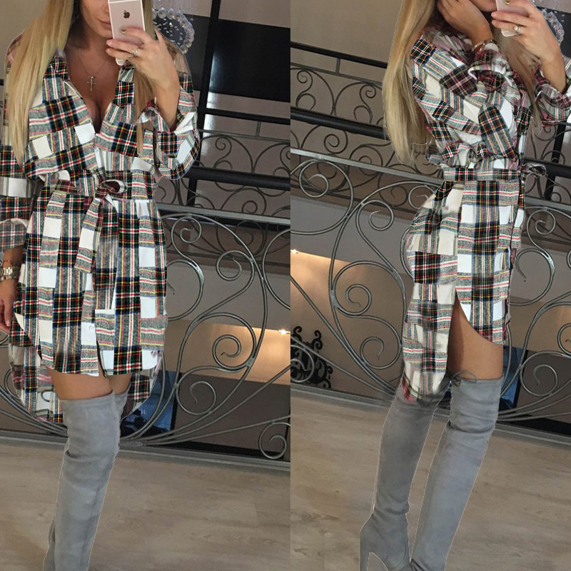 waist lace up long-sleeved plaid mid-length shirt NSJZC138053