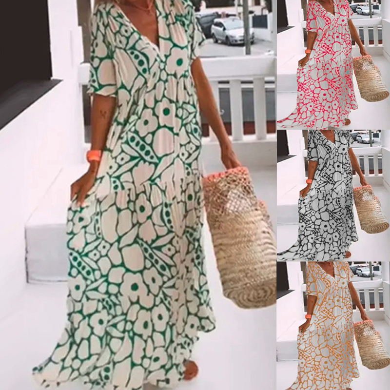 Dress Summer 2024 New Women's Clothing Wish Amazon European and American Export Printed Short-Sleeved V Neck Long Skirt Versatile