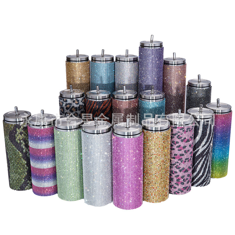 Bling rhinestone taladro 20oz vacío aislado paja de acero inoxidable taza café cuerpo recto adelgazamiento taza