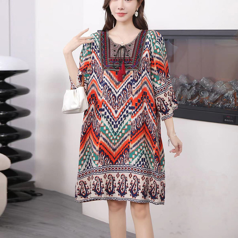タイ風Aラインコットンワンピース、夏向け、クロスボーダーコットンシルクワンピース、アーティスティックレトロエスニック風婦人服