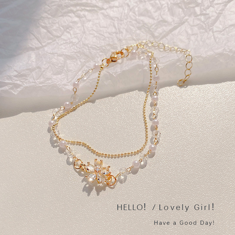 Double-layer Pearl Zircon Flower Necklace Female Niche Design High-grade Sense Overlapping Girlfriend Bracelet Gift Skin