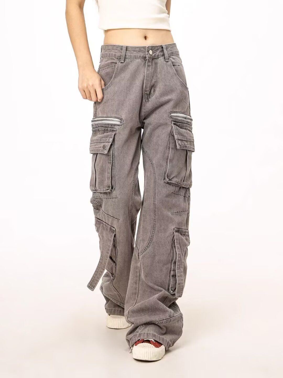 Herrenbekleidung High Street Streetwear Heavy Duty Cargo Jeans mit mehreren Taschen und Reißverschlussdesign – Stylische lässige Arbeitshose in Grau (Größen M-3XL)_voghion.com