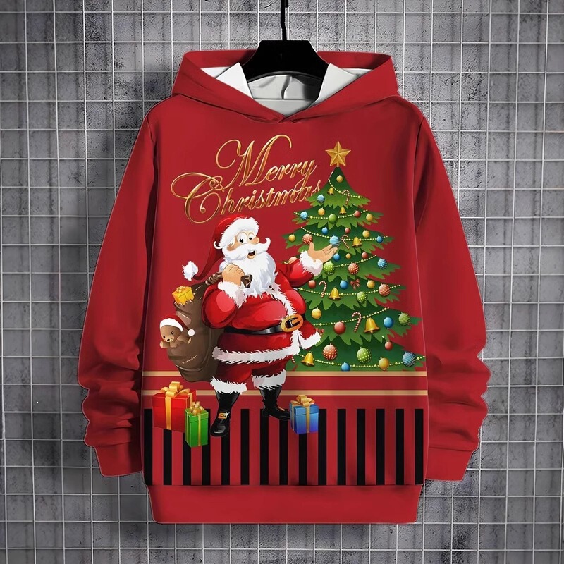 Christmas-themed men's hoodie, 3D printed sweatshirt, drawstring sportswear, long-sleeve top, funny graphic for men