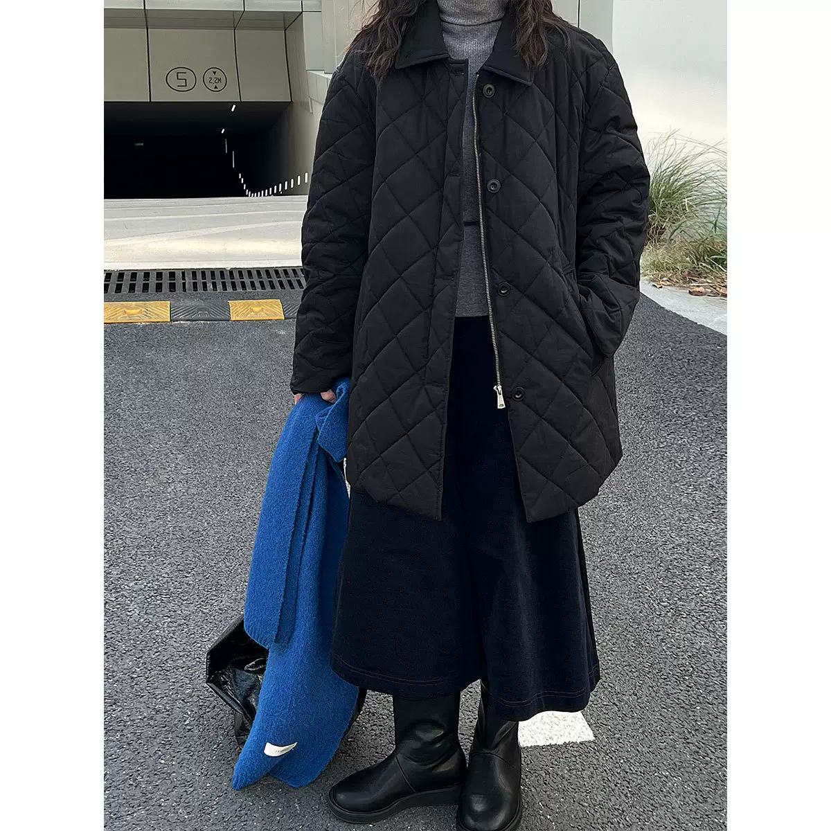 鹿西 韩系翻领菱形格绗棉外套女冬季轻薄休闲保暖棉服上衣89007