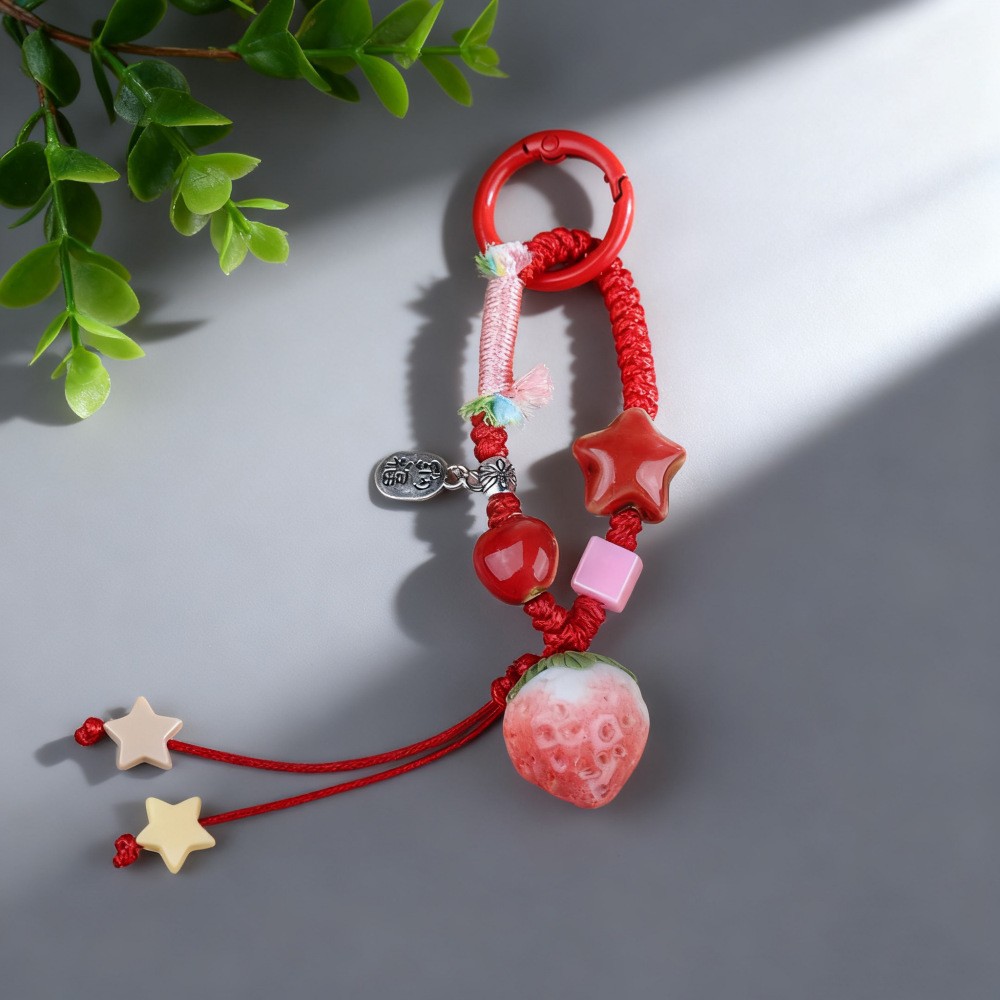 Jingdezhen cerámica hecha a mano colgante de cadena de teléfono móvil pareja llavero de dibujos animados frutas hojas de fresa colgar joyas