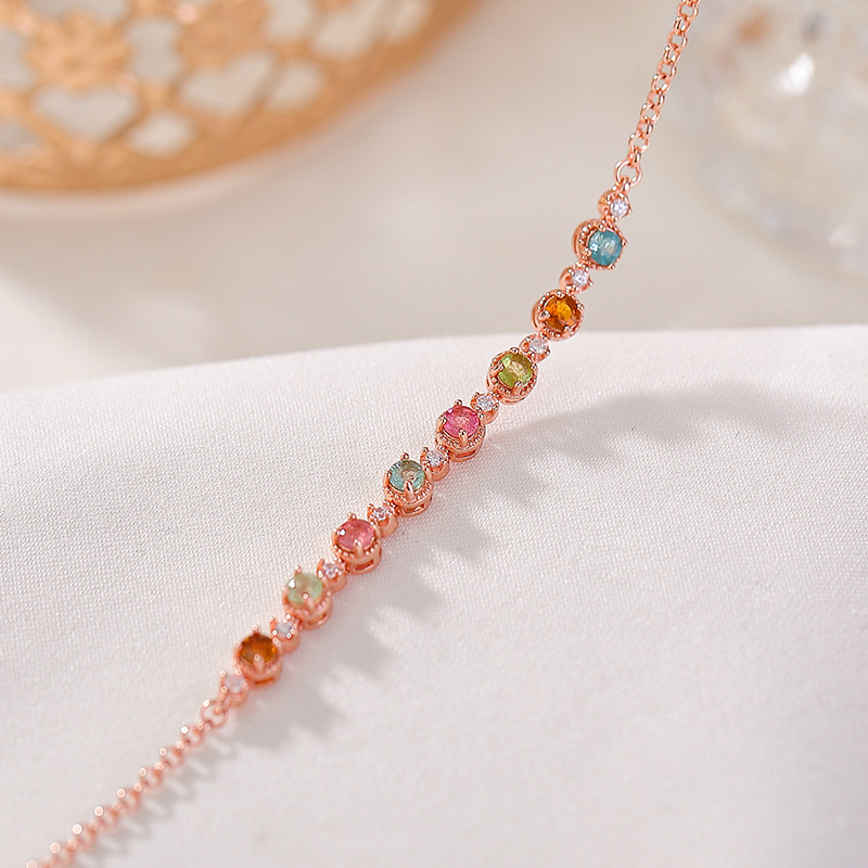 Vòng tay bạc S925 mạ vàng hồng đính tourmaline hạt tròn hình học — Một mảnh (tourmaline màu ngẫu nhiên)