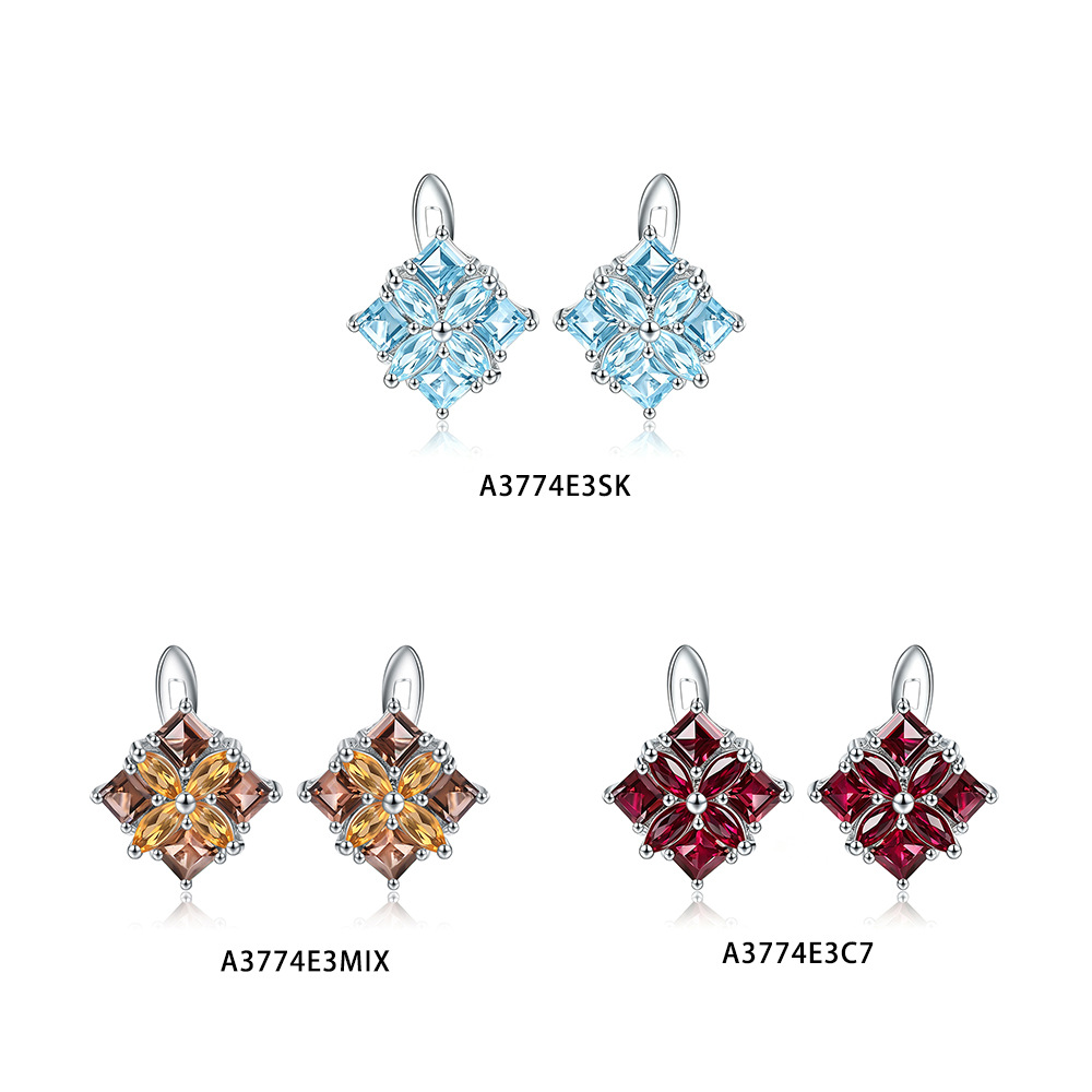 Ins-Style Rhombus-Shaped Gemstone Earrings with British Clasp, Exquisite Craftsmanship, S925 Sterling Silver Inlaid with Topaz and Ruby Earrings