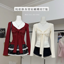 2025实拍秋季新款女式休闲烫钻蝴蝶结T恤女秋冬长袖上衣