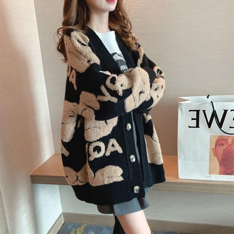 Japanese and Korean style bear embroidered letter knitted cardigan, 2026 autumn and winter new large size casual loose sweater for women