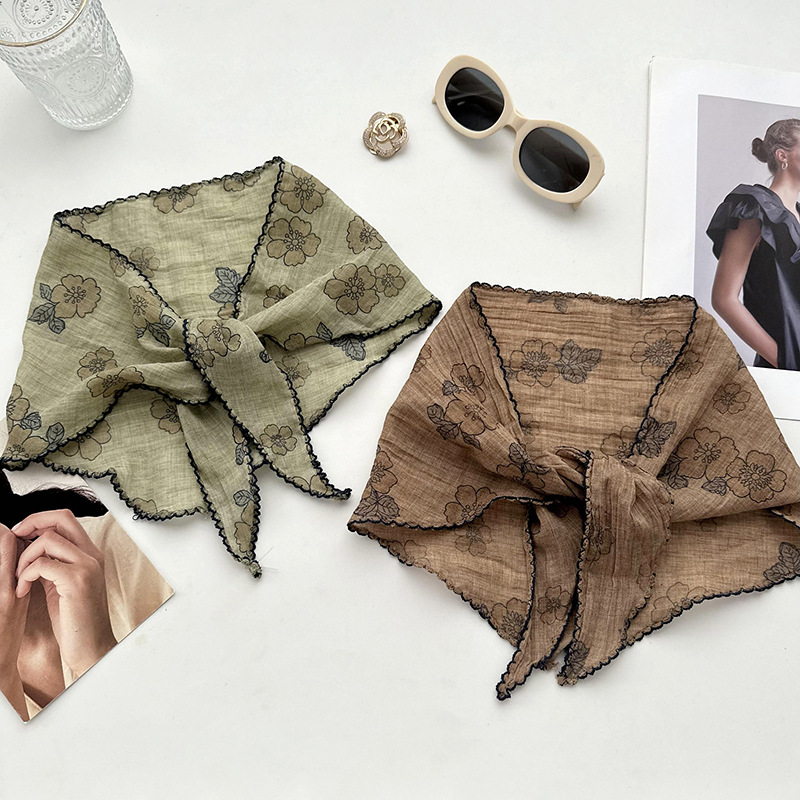 Pastoral viento de flores de encaje triángulo turbante de mujer de verano retrógrado francés de playa bufandas de seda protector solar correa de pelo