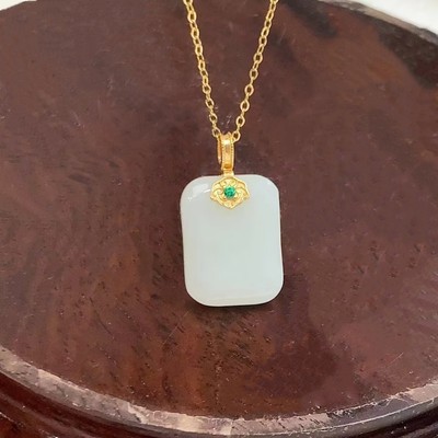 邹六禧 S925银镶和田玉无事牌吊坠项链锁骨链简约小清新平安玉坠