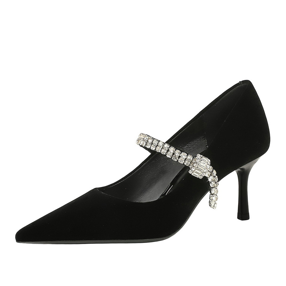 8837-A1 European American Pointed Toe Shallow Mouth Single With Rhinestones, One-Strap Suede Thin Heel High Heels For_vogvips.com