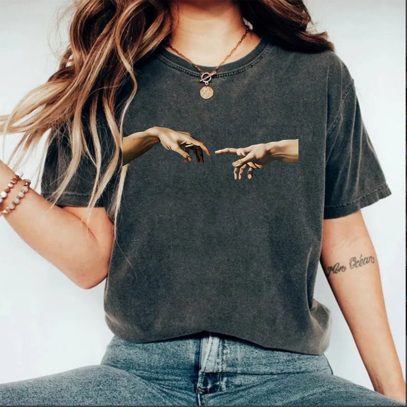 Foreign Trade Women's Summer American Retro Street Heavy Cotton Washed Old T-shirt Men's and Women's Handshake Printed T-shirt Foreign Trade Women's Summer American Retro Street Heavy Cotton Washed Old T-shirt Men's and Women's Handshake Printed T-shirt